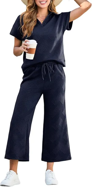 Dokotoo Women's 2 Piece Outfits Sweatsuit Casual Lapel Collar Short Sleeve Tops Drawstring Wide Leg Pant Lounge Sets