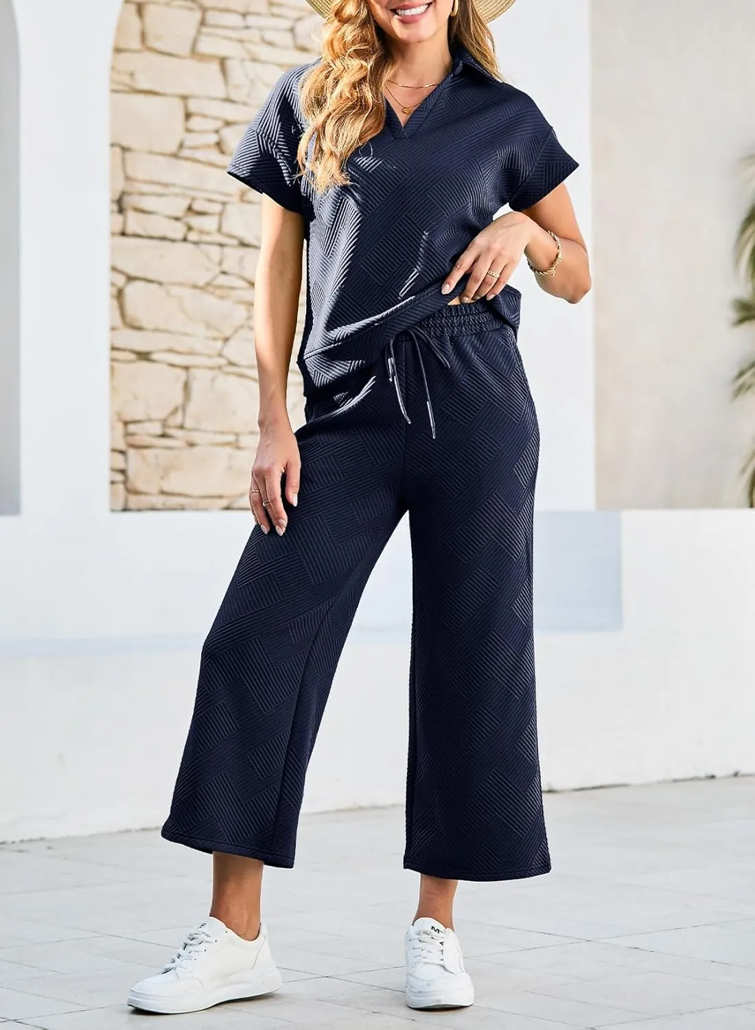 Dokotoo Women's 2 Piece Outfits Sweatsuit Casual Lapel Collar Short Sleeve Tops Drawstring Wide Leg Pant Lounge Sets