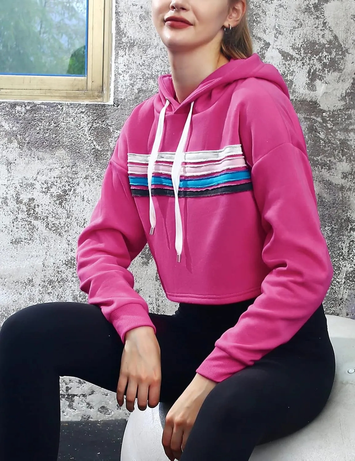 DOUBLJU Casual Crop Hoodies Long Sleeve Pullover Drawstring Hooded Sweatshirts Basic Cropped Tops for Womens with Plus Size