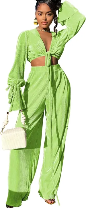 Doweha Two Piece Outfits for Women Summer Cute Plisse Set Outfit Lounge Sets Bell Sleeve Top Pants Sets Sexy 2 Piece Outfits