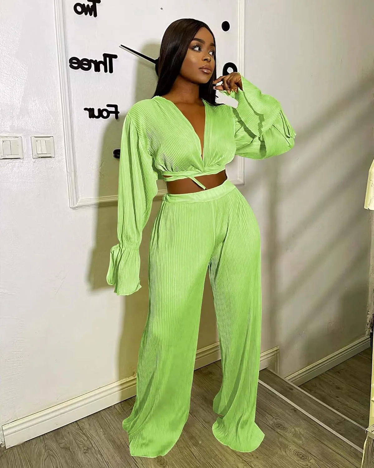 Doweha Two Piece Outfits for Women Summer Cute Plisse Set Outfit Lounge Sets Bell Sleeve Top Pants Sets Sexy 2 Piece Outfits