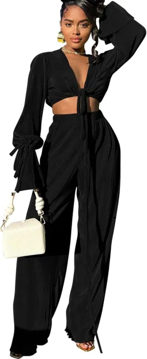 Doweha Two Piece Outfits for Women Summer Cute Plisse Set Outfit Lounge Sets Bell Sleeve Top Pants Sets Sexy 2 Piece Outfits