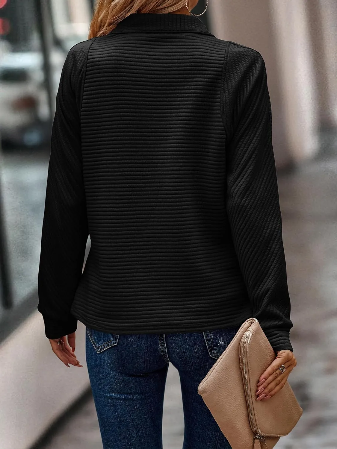 ECOWISH Womens Sweateshirt Quarter Zip: Fall Fashion 2025 Tops Winter Oversized Hoodie Ribbed Qulited Pullover V Neck Outfit