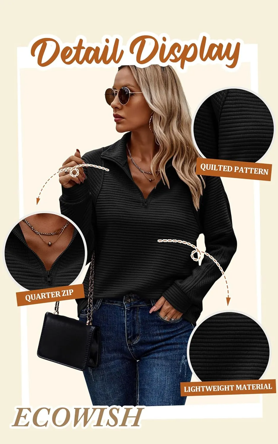 ECOWISH Womens Sweateshirt Quarter Zip: Fall Fashion 2025 Tops Winter Oversized Hoodie Ribbed Qulited Pullover V Neck Outfit
