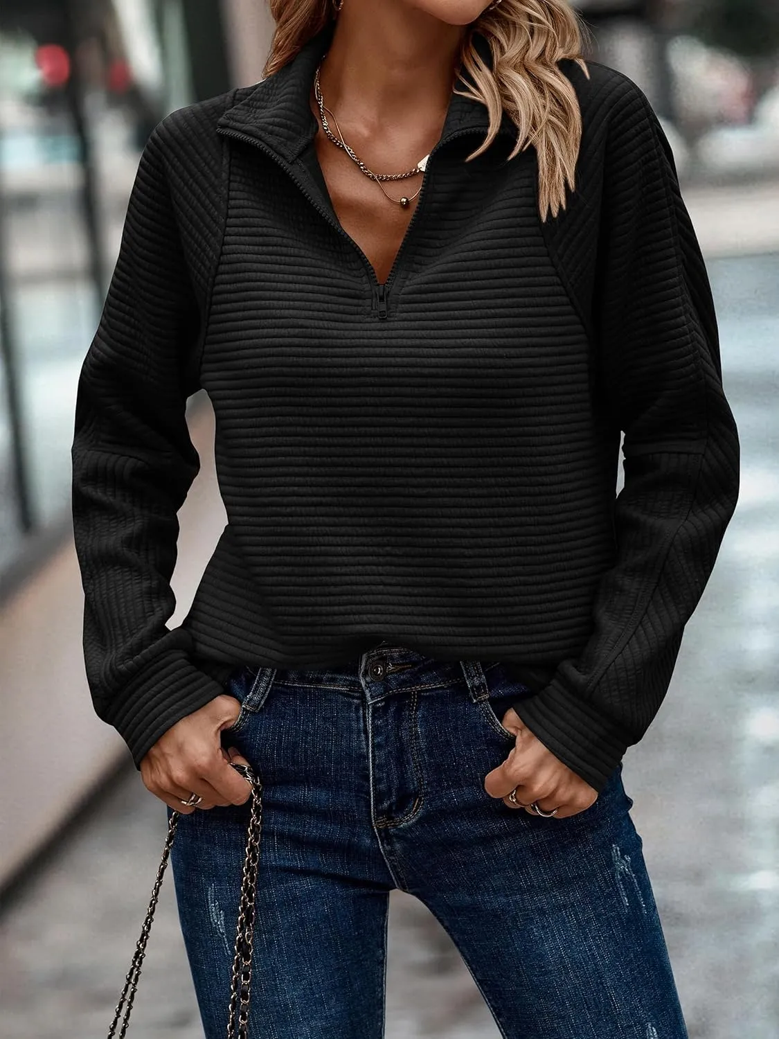 ECOWISH Womens Sweateshirt Quarter Zip: Fall Fashion 2025 Tops Winter Oversized Hoodie Ribbed Qulited Pullover V Neck Outfit