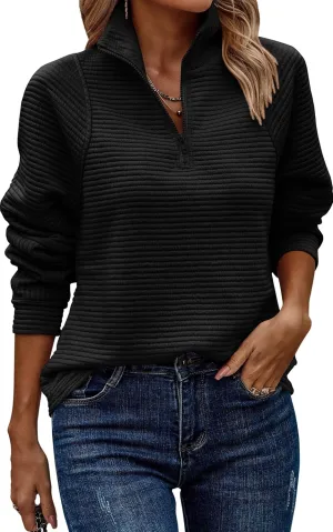 ECOWISH Womens Sweateshirt Quarter Zip: Fall Fashion 2025 Tops Winter Oversized Hoodie Ribbed Qulited Pullover V Neck Outfit
