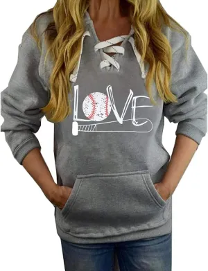 ETATNG Womens Baseball Hoodies Long Sleeve Lace Up Neck Love Print Casual Athletic Pullover Sweatshirts Tops with Pockets