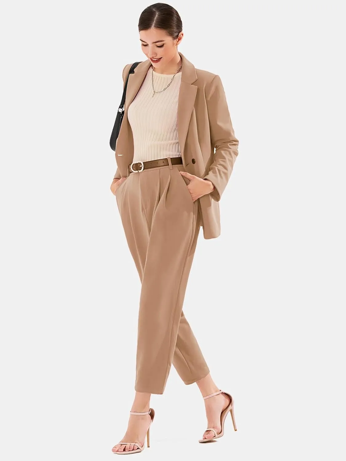 EXLURA Women's Business Blazer and High Elastic Waist Pant Suit Set Loose Fit Casual Fall Winter 2 Piece Suits for Work