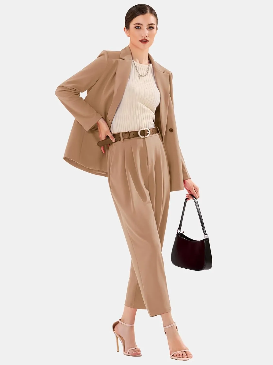 EXLURA Women's Business Blazer and High Elastic Waist Pant Suit Set Loose Fit Casual Fall Winter 2 Piece Suits for Work