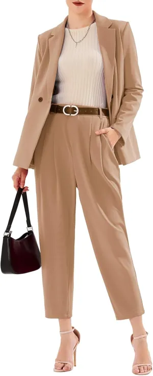 EXLURA Women's Business Blazer and High Elastic Waist Pant Suit Set Loose Fit Casual Fall Winter 2 Piece Suits for Work