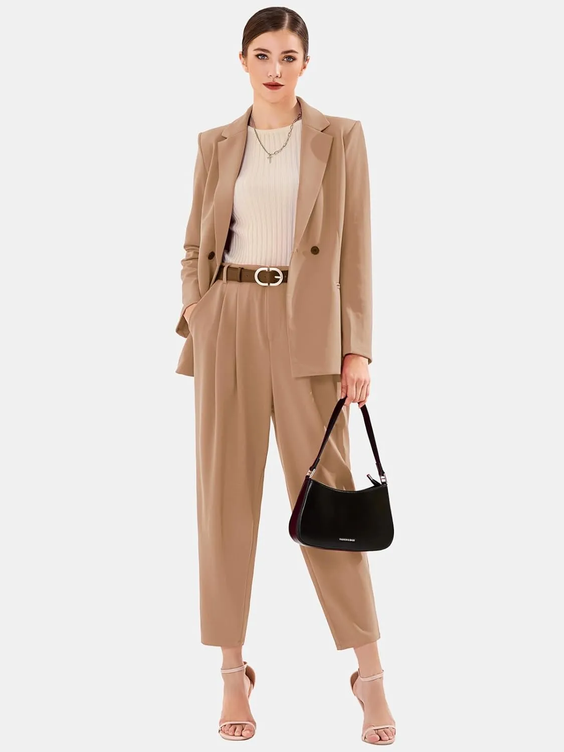 EXLURA Women's Business Blazer and High Elastic Waist Pant Suit Set Loose Fit Casual Fall Winter 2 Piece Suits for Work