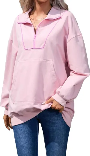 Famulily Cute Half Zipper Lapel Collar Pullover Tops Casual Drop Shoulder Contrast Color Line Sweatshirt with Kangaroo Pocket