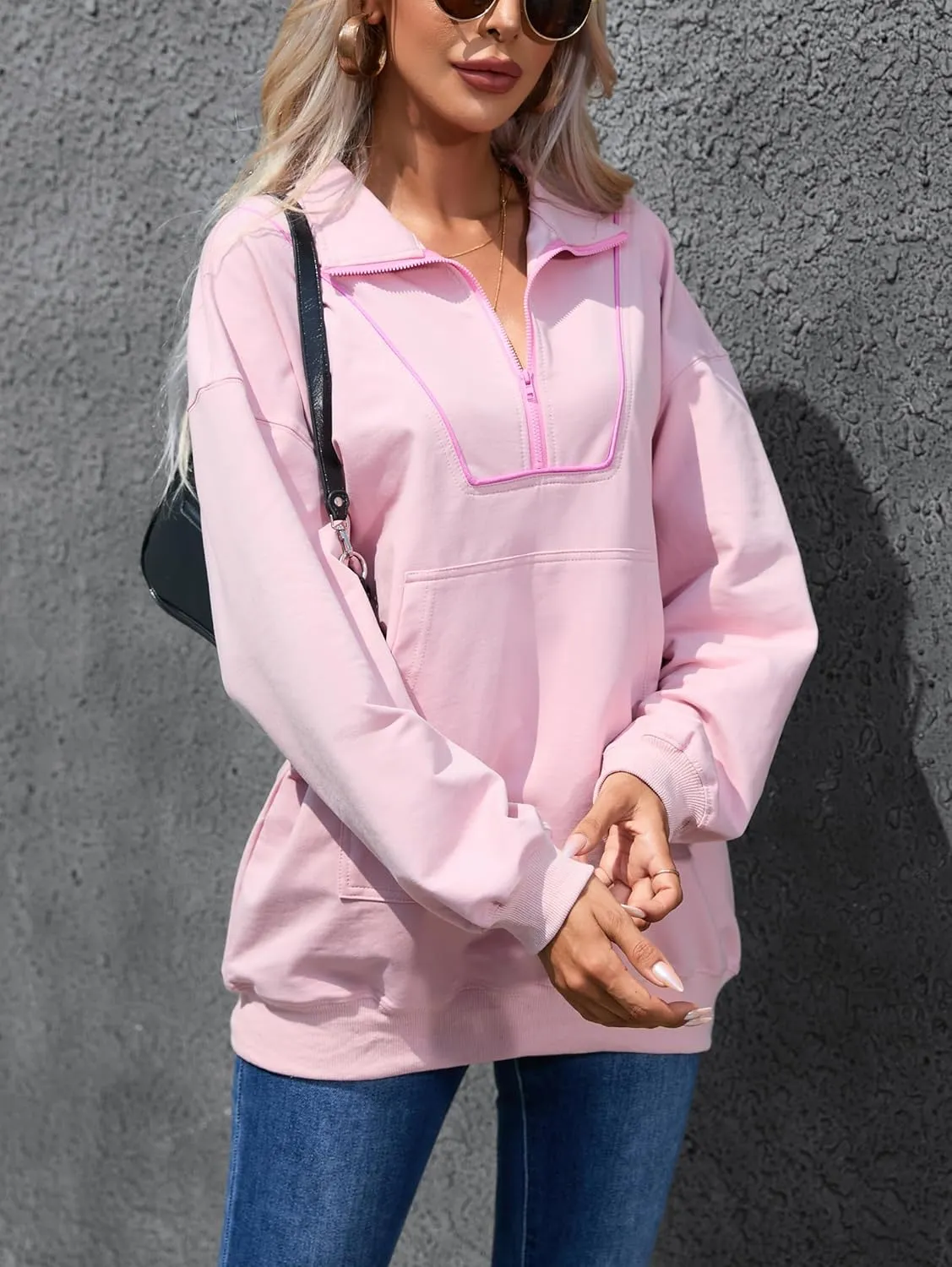 Famulily Cute Half Zipper Lapel Collar Pullover Tops Casual Drop Shoulder Contrast Color Line Sweatshirt with Kangaroo Pocket