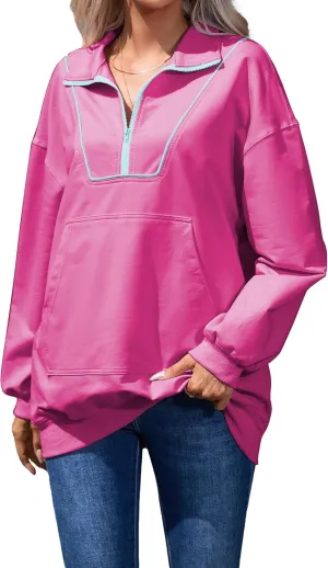 Famulily Cute Half Zipper Lapel Collar Pullover Tops Casual Drop Shoulder Contrast Color Line Sweatshirt with Kangaroo Pocket
