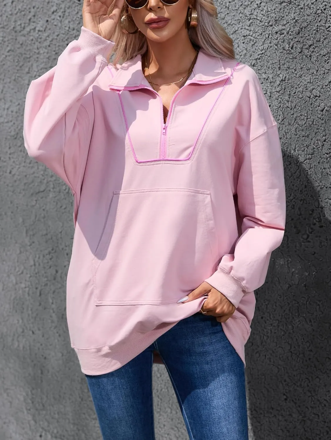 Famulily Cute Half Zipper Lapel Collar Pullover Tops Casual Drop Shoulder Contrast Color Line Sweatshirt with Kangaroo Pocket