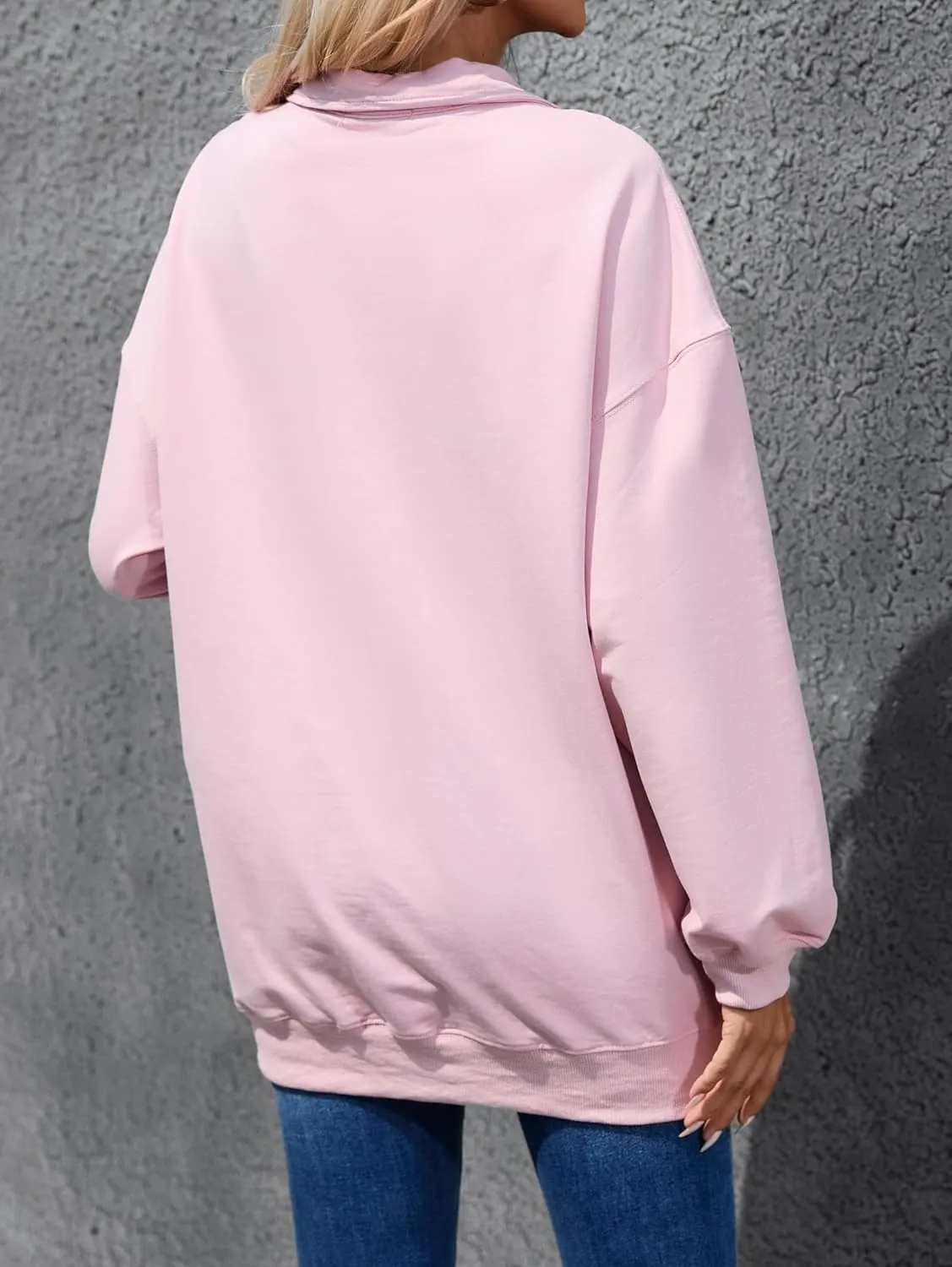 Famulily Cute Half Zipper Lapel Collar Pullover Tops Casual Drop Shoulder Contrast Color Line Sweatshirt with Kangaroo Pocket