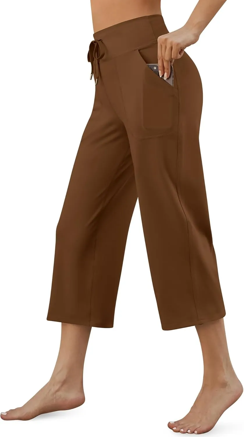 G4Free Wide Leg Capris Yoga Pants for Women with Pockets Summer High Waist Dress Pants for Workout Casual Pants 21"