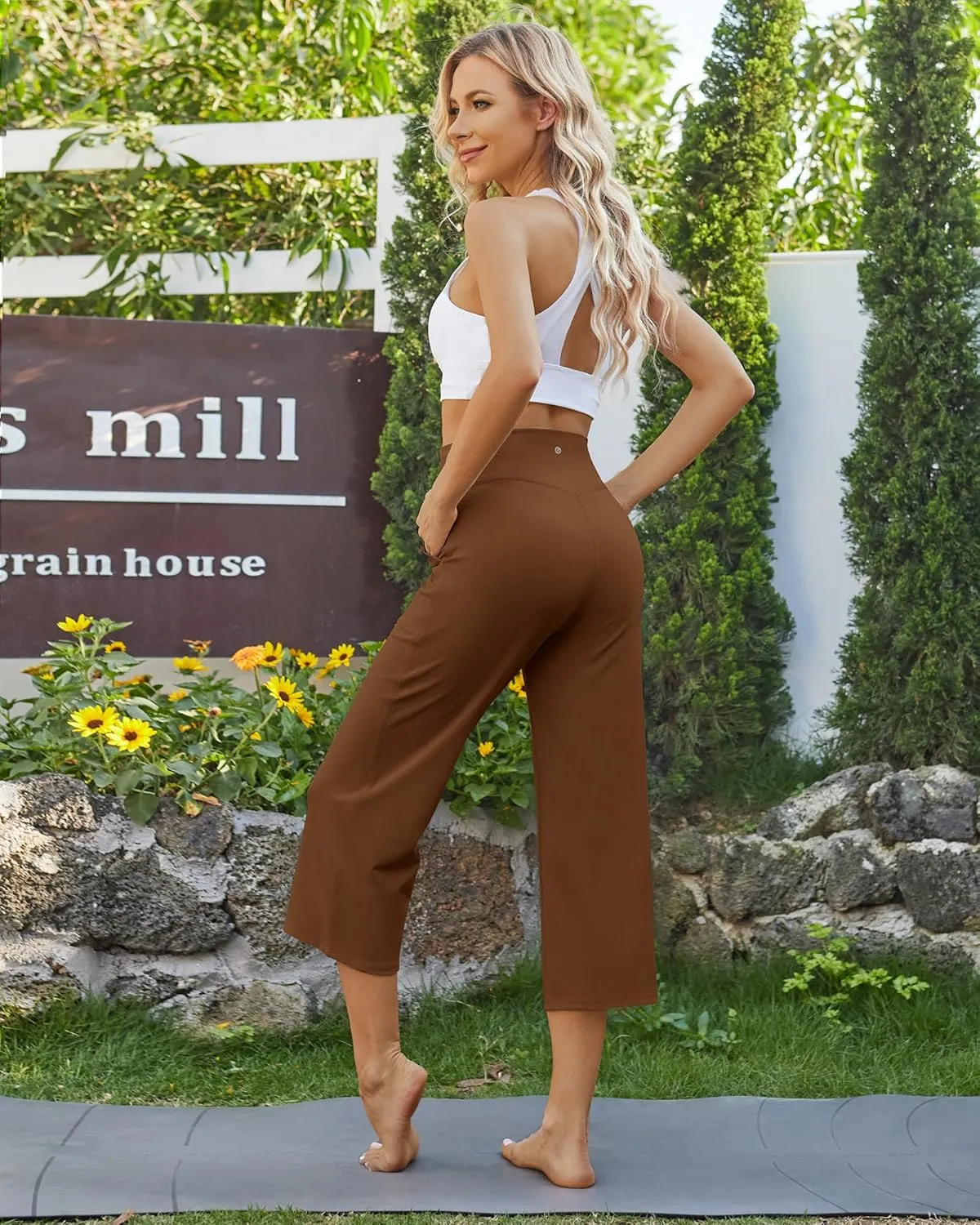 G4Free Wide Leg Capris Yoga Pants for Women with Pockets Summer High Waist Dress Pants for Workout Casual Pants 21"