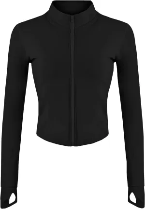 Gacaky Women's Athletic Jacket Lightweight Full Zip Up Yoga Jacket Cropped Workout Slim Fit Tops with Thumb Holes
