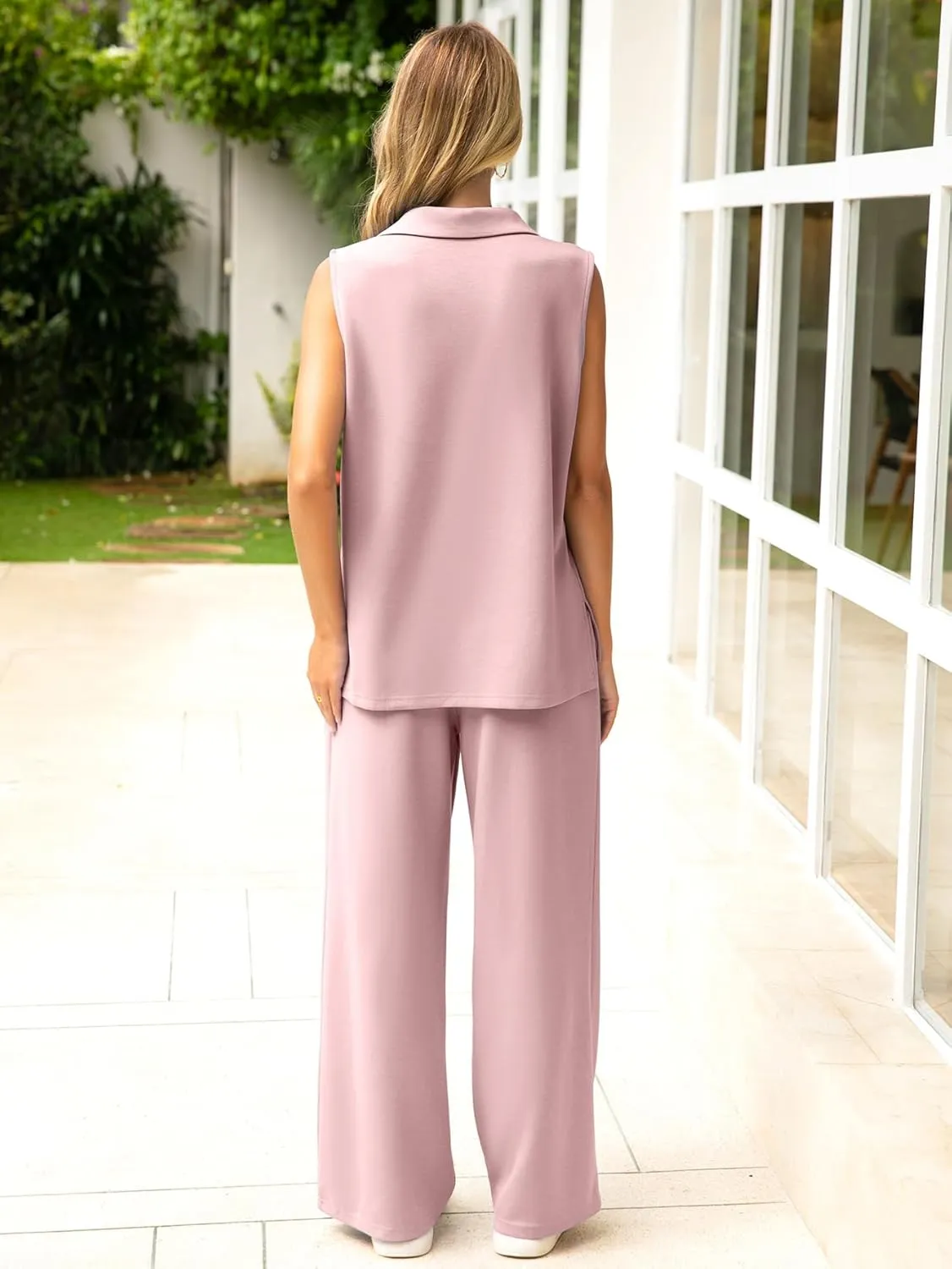 Glamaker Women's 2 Piece Outfits Summer Sleeveless Tops Wide Leg Pants Lounge Set Sweatsuits Tracksuits with Pockets