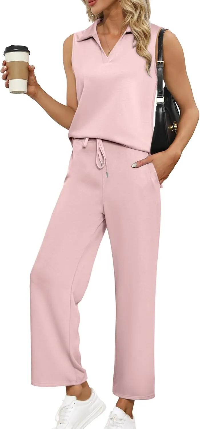Glamaker Women's 2 Piece Outfits Summer Sleeveless Tops Wide Leg Pants Lounge Set Sweatsuits Tracksuits with Pockets