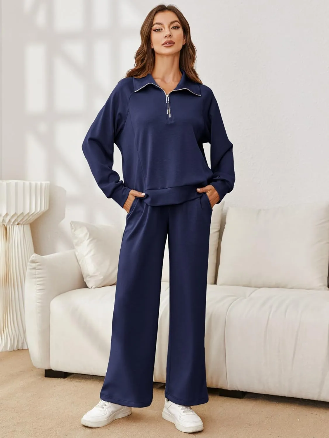 Glamaker Womens 2 Piece Outfits Sweatsuit Set Oversized Half Zip Sweatshirt Wide Leg Sweatpants Lounge Set Tracksuit