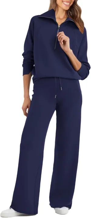 Glamaker Womens 2 Piece Outfits Sweatsuit Set Oversized Half Zip Sweatshirt Wide Leg Sweatpants Lounge Set Tracksuit