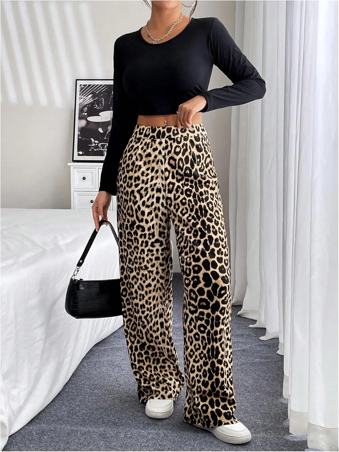 GORGLITTER Women's Leopard Print Elastic Waist Pants Cheetah Print Wide Leg Pants