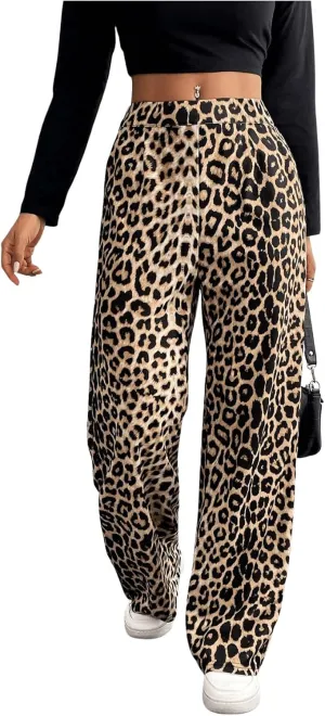 GORGLITTER Women's Leopard Print Elastic Waist Pants Cheetah Print Wide Leg Pants