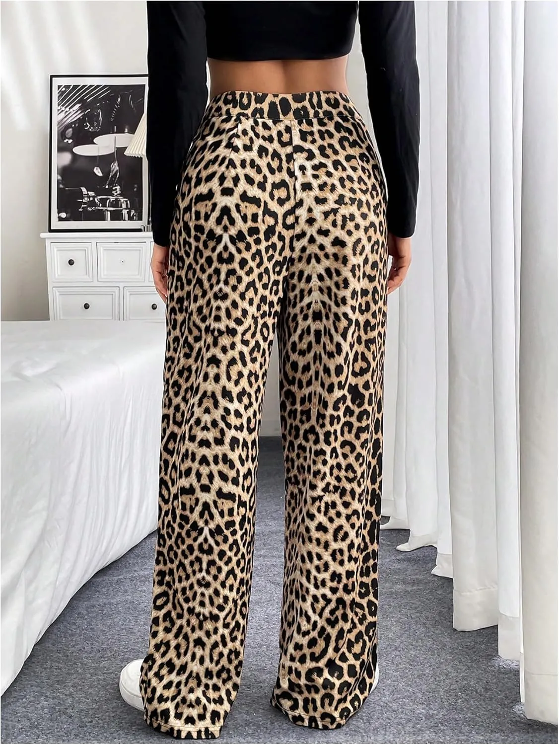 GORGLITTER Women's Leopard Print Elastic Waist Pants Cheetah Print Wide Leg Pants