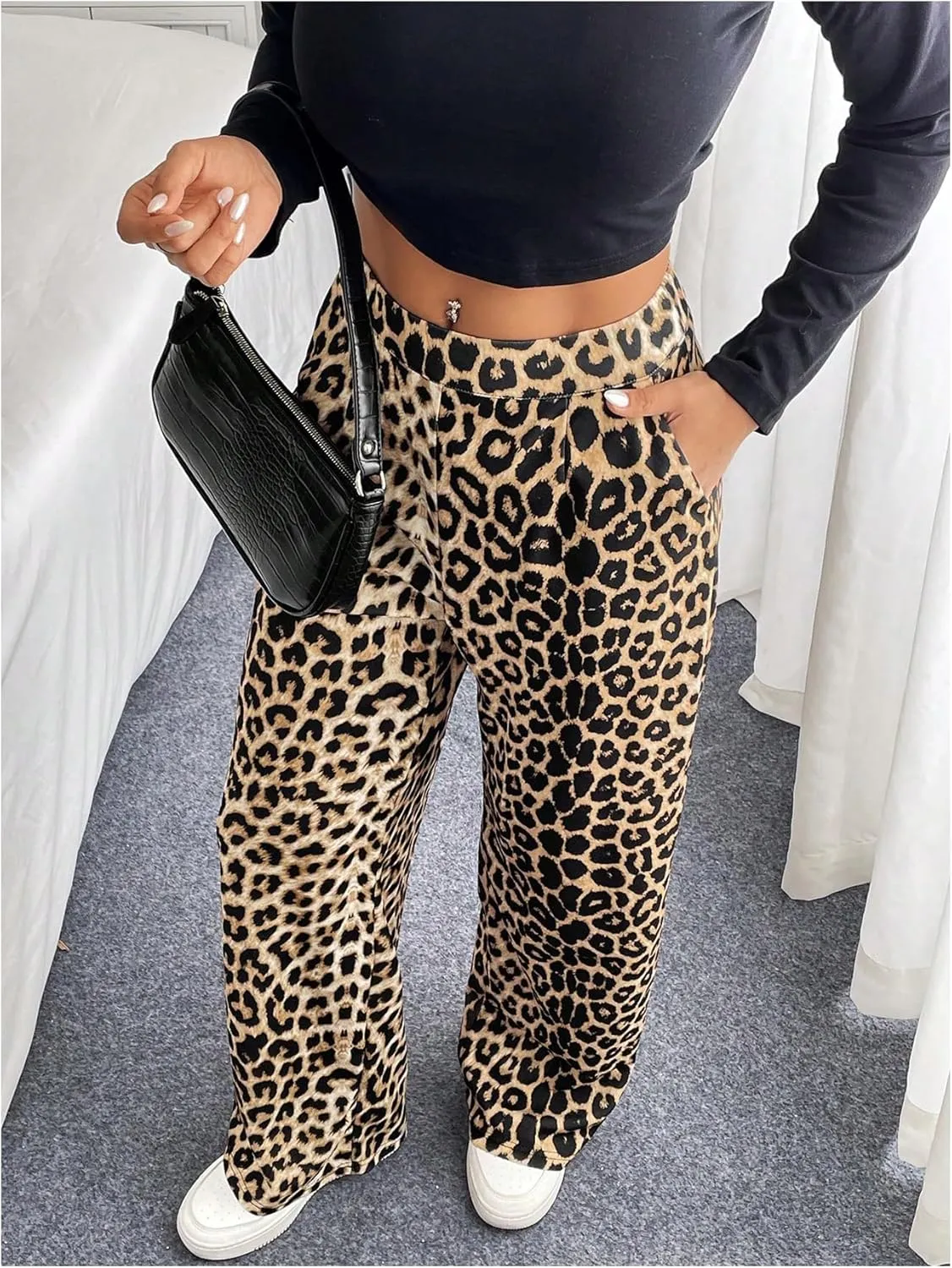 GORGLITTER Women's Leopard Print Elastic Waist Pants Cheetah Print Wide Leg Pants