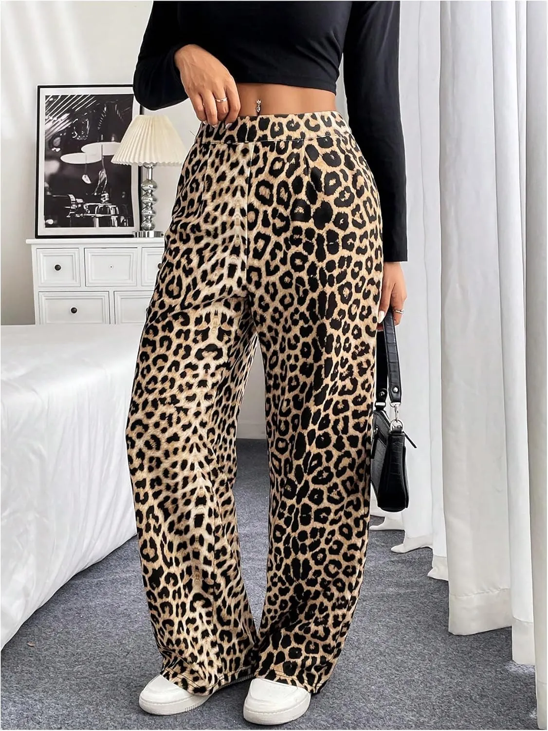 GORGLITTER Women's Leopard Print Elastic Waist Pants Cheetah Print Wide Leg Pants