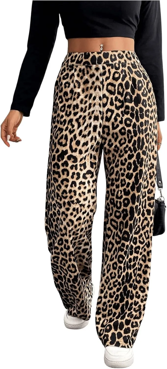 GORGLITTER Women's Leopard Print Elastic Waist Pants Cheetah Print Wide Leg Pants