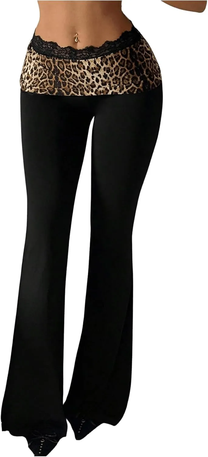 GORGLITTER Women's Leopard Print Flare Pants Skinny Pants Lace Trim High Waist Trousers