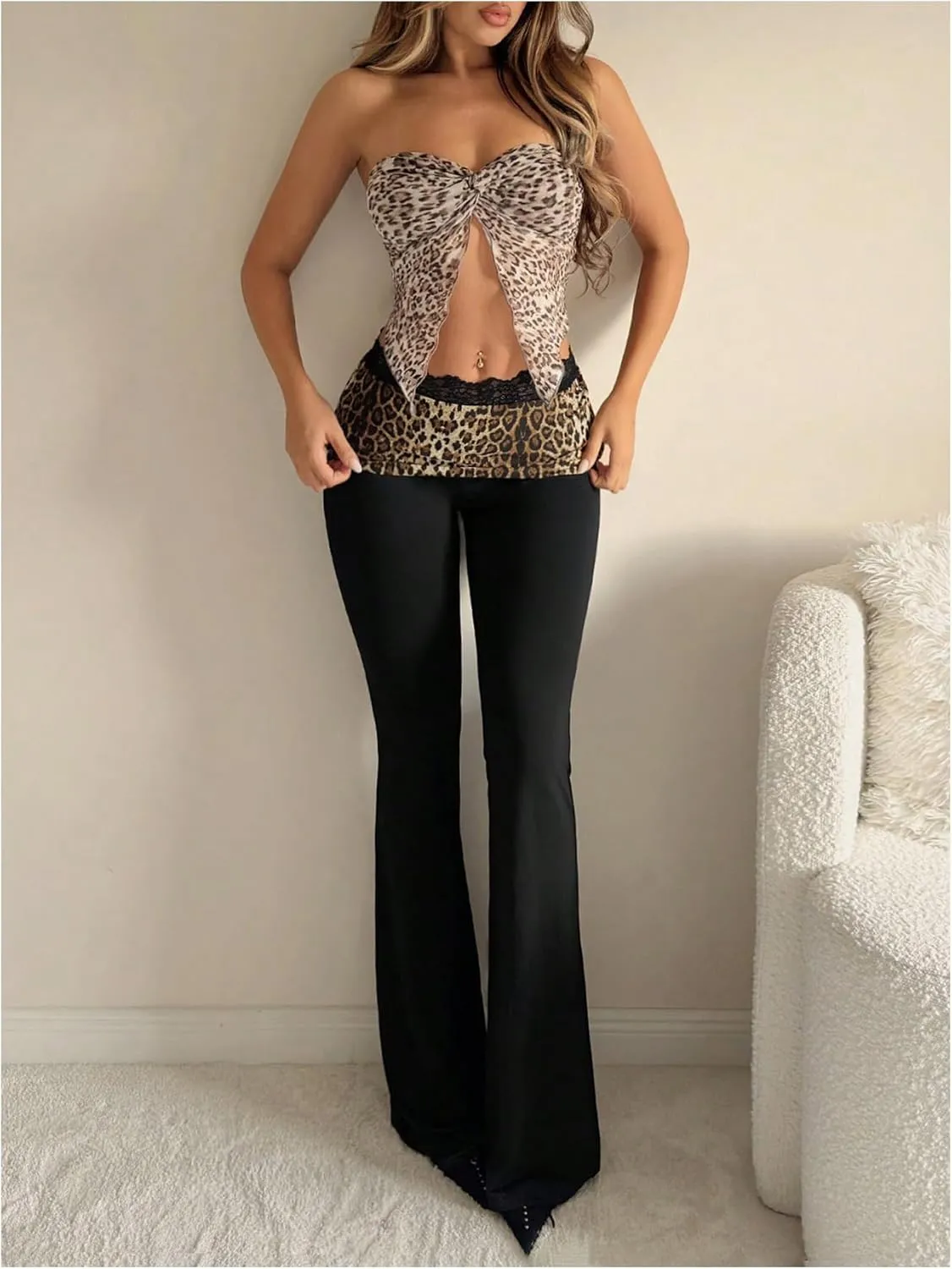 GORGLITTER Women's Leopard Print Flare Pants Skinny Pants Lace Trim High Waist Trousers