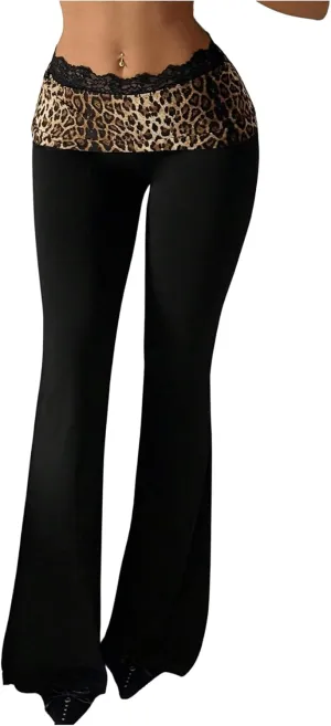 GORGLITTER Women's Leopard Print Flare Pants Skinny Pants Lace Trim High Waist Trousers