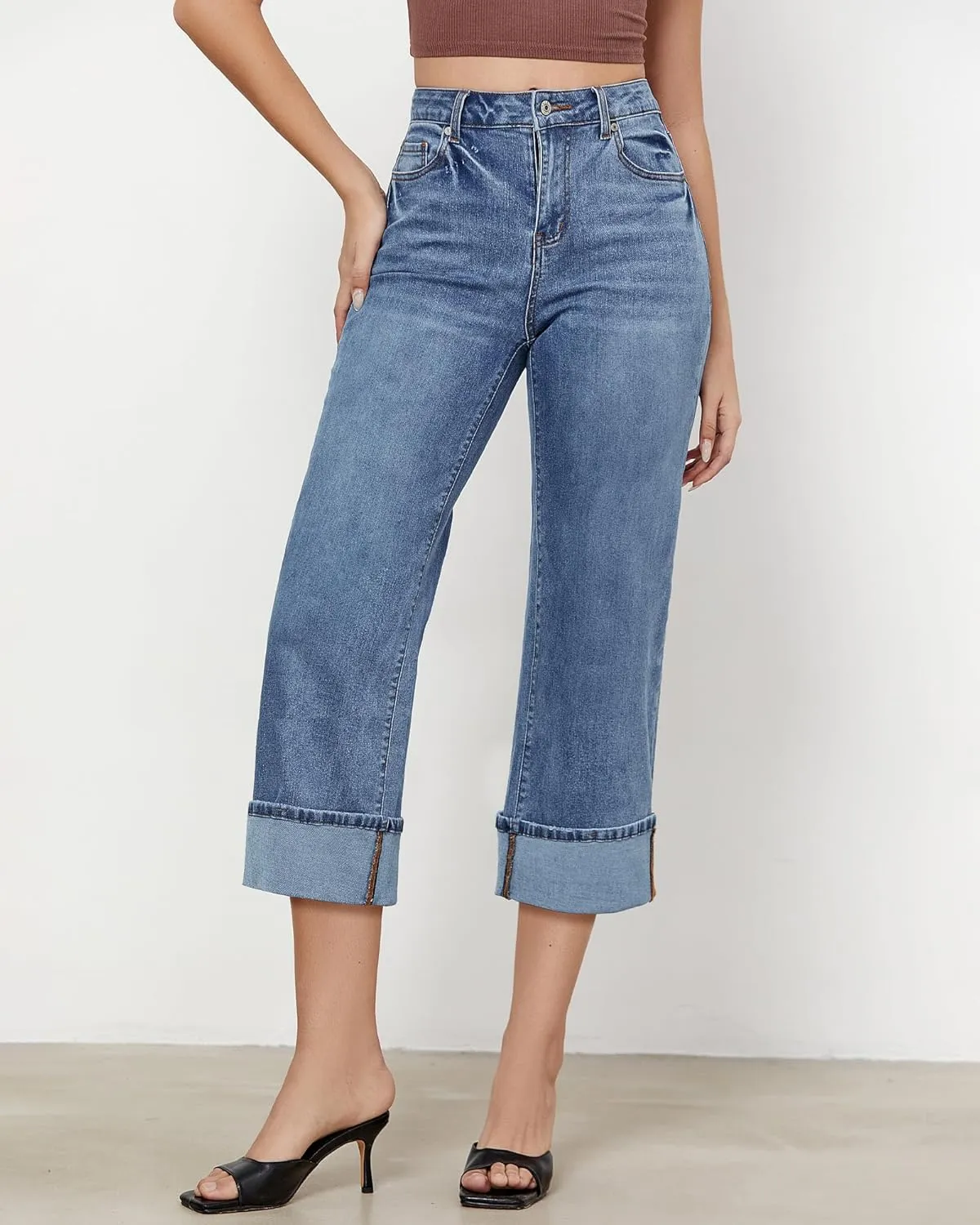 GRAPENT Wide Leg Jeans for Women High Waisted Stretchy Denim Crop Pants Fold Hem Cropped Baggy Jeans with Pockets