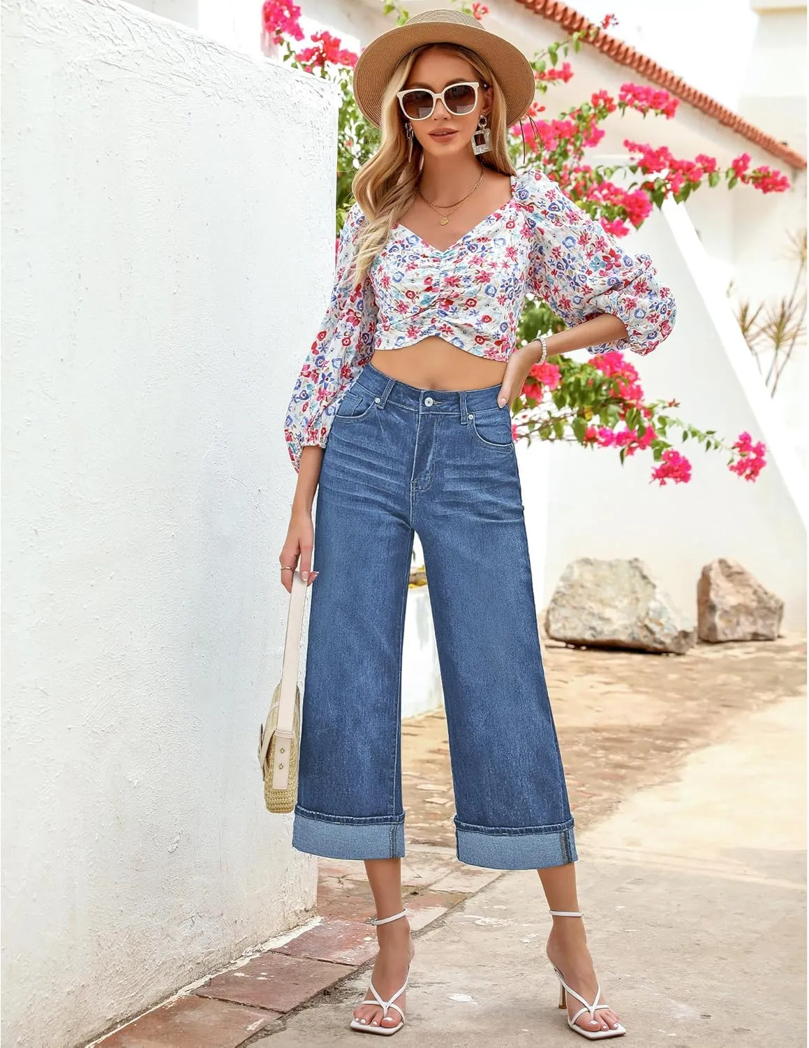 GRAPENT Wide Leg Jeans for Women High Waisted Stretchy Denim Crop Pants Fold Hem Cropped Baggy Jeans with Pockets