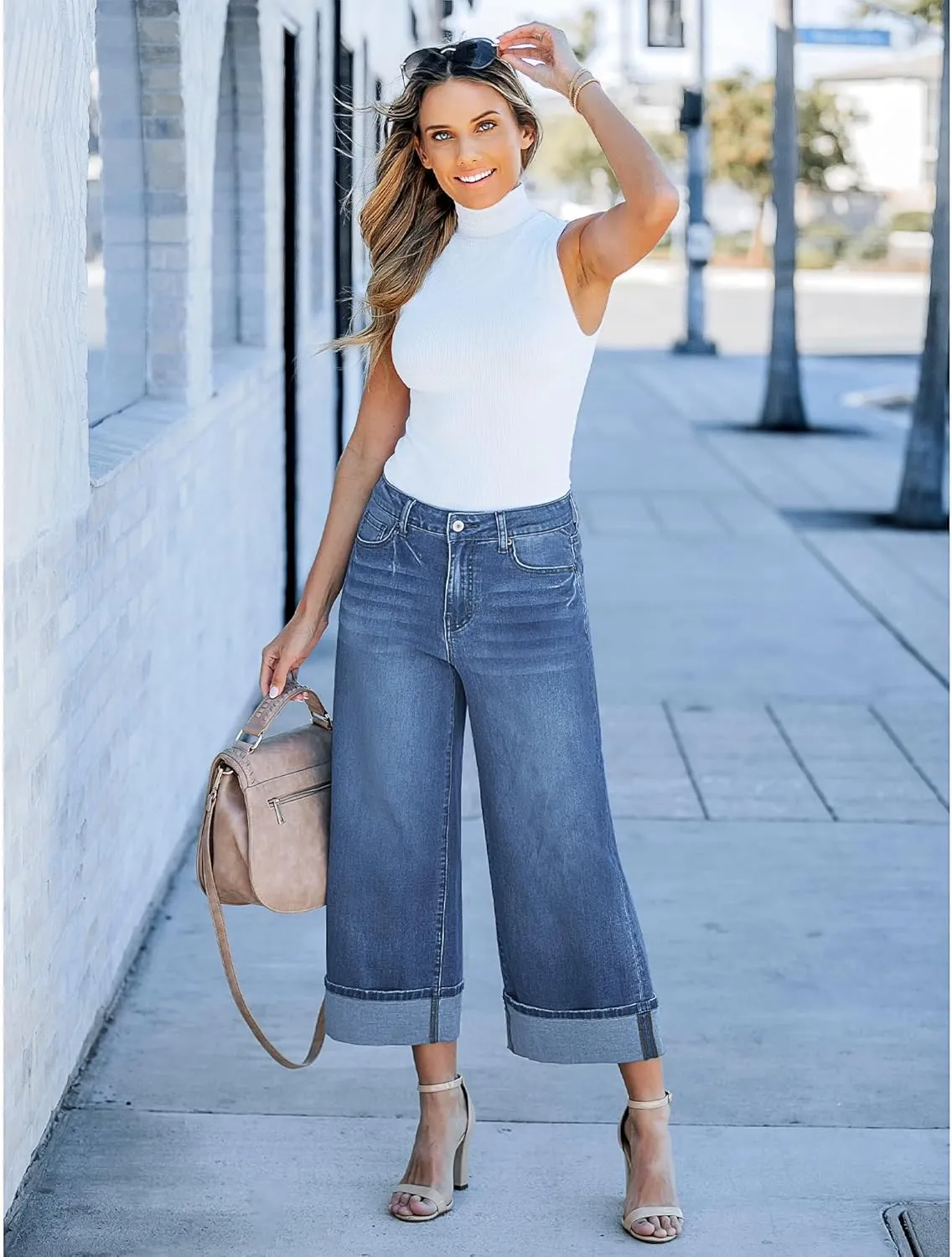 GRAPENT Wide Leg Jeans for Women High Waisted Stretchy Denim Crop Pants Fold Hem Cropped Baggy Jeans with Pockets