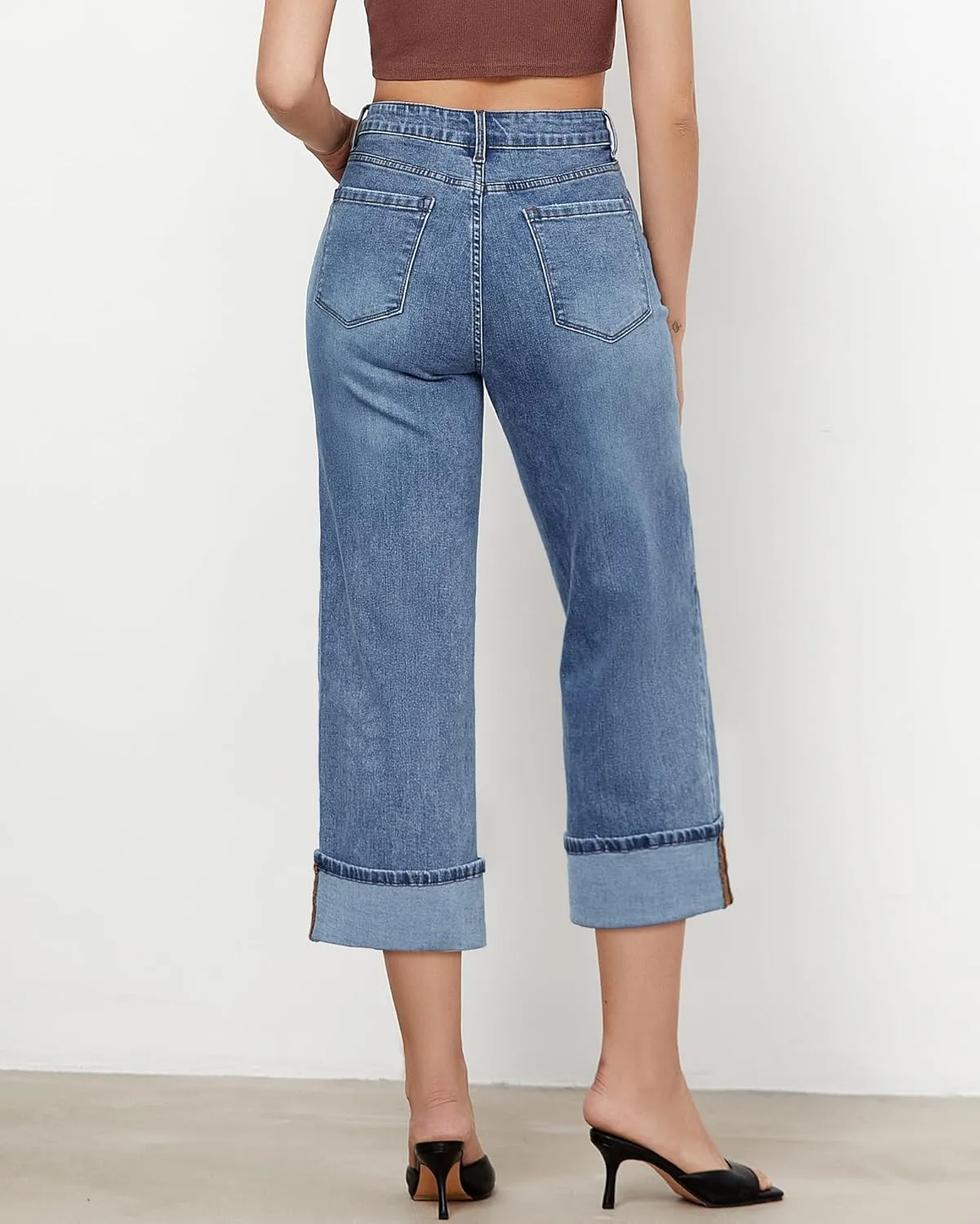 GRAPENT Wide Leg Jeans for Women High Waisted Stretchy Denim Crop Pants Fold Hem Cropped Baggy Jeans with Pockets