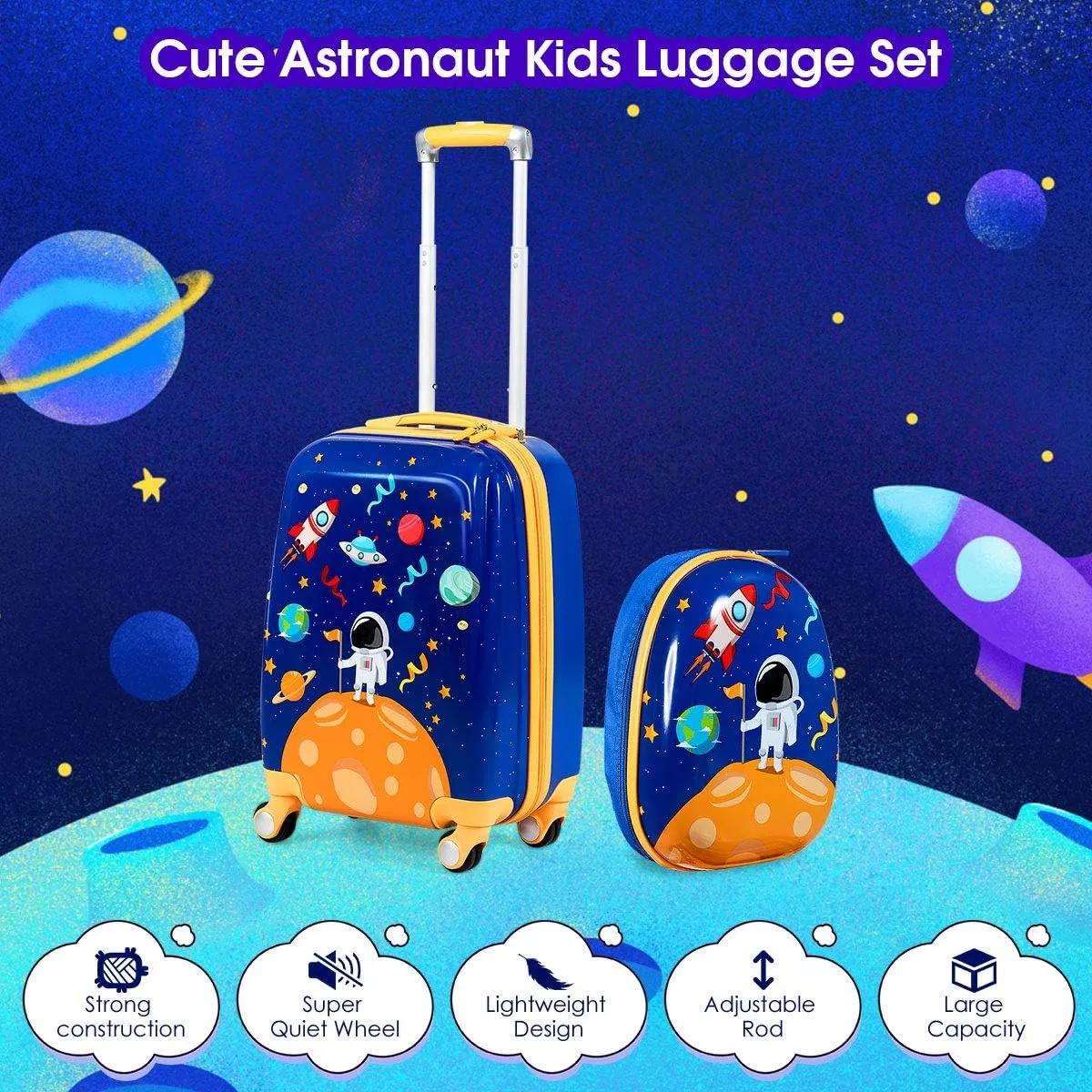 GYMAX 2Pc Kid Carry On Luggage Set, 12" & 18" Kids Suitcase with 4 Spinner Wheels, Travel Rolling Trolley