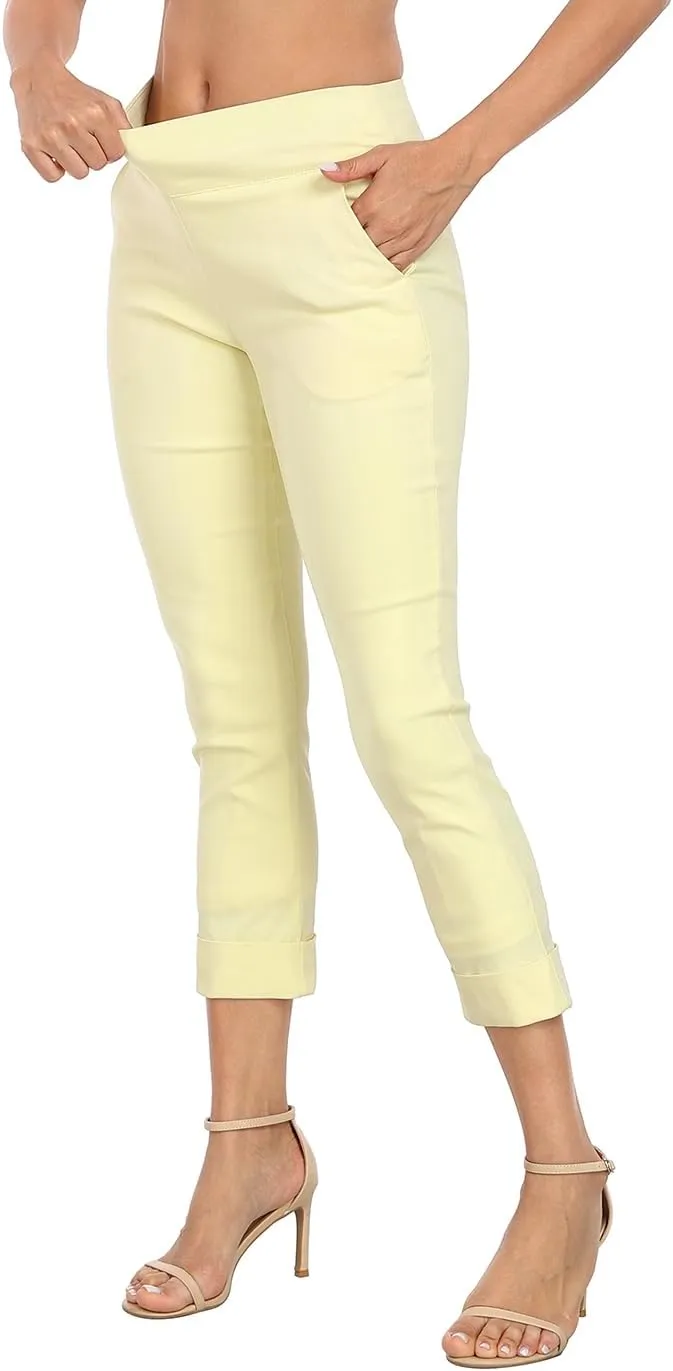 HDE Pull On Capri Pants for Women with Pockets Elastic Waist Cropped Work Pants