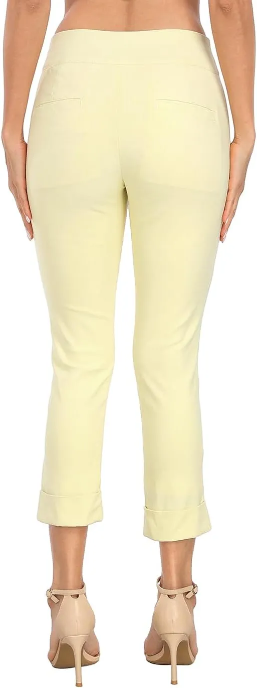 HDE Pull On Capri Pants for Women with Pockets Elastic Waist Cropped Work Pants