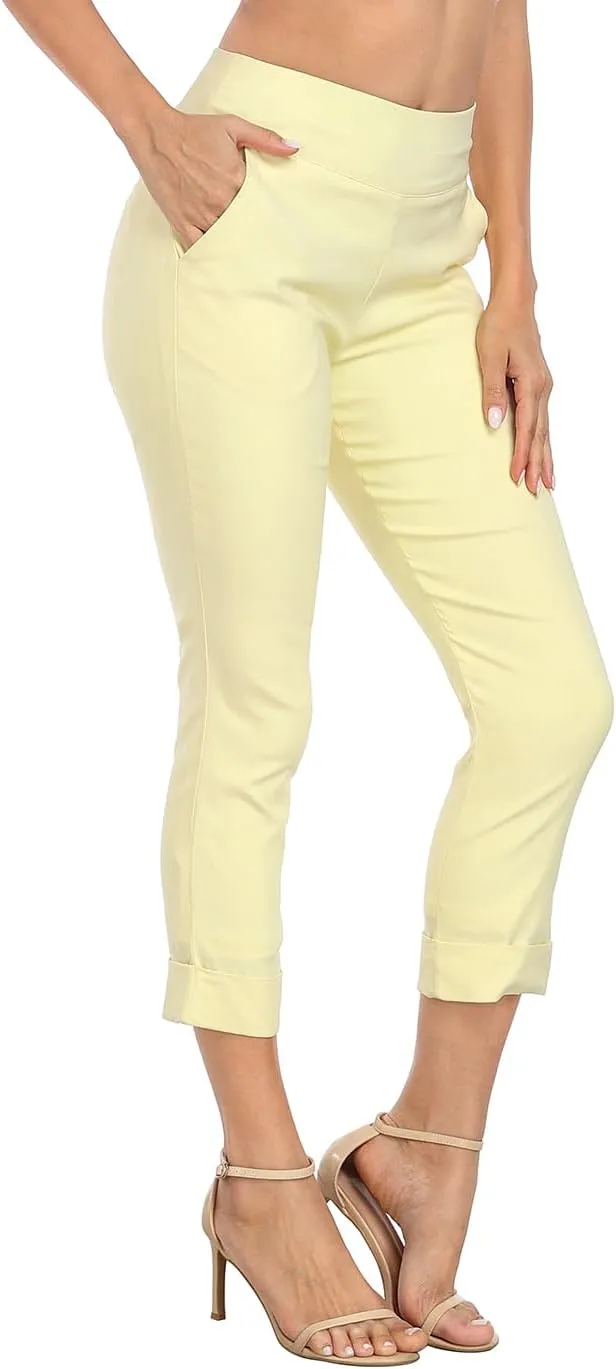 HDE Pull On Capri Pants for Women with Pockets Elastic Waist Cropped Work Pants