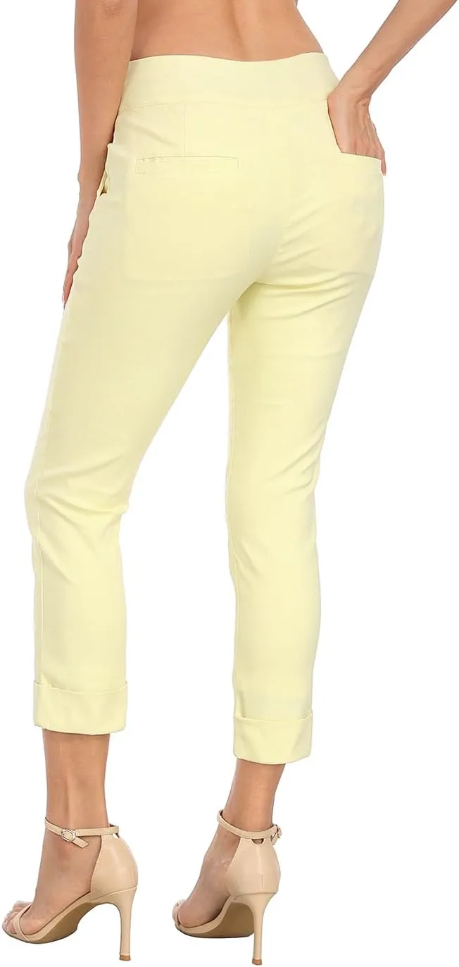 HDE Pull On Capri Pants for Women with Pockets Elastic Waist Cropped Work Pants