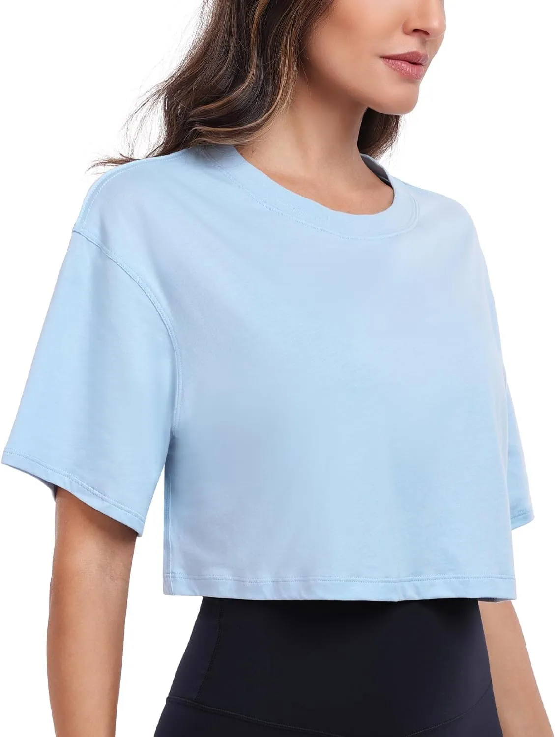 HeyNuts Pima Cotton Short Sleeve Workout Cropped Tops for Women Crew Neck Casual Basic Athletic Crop T-Shirt