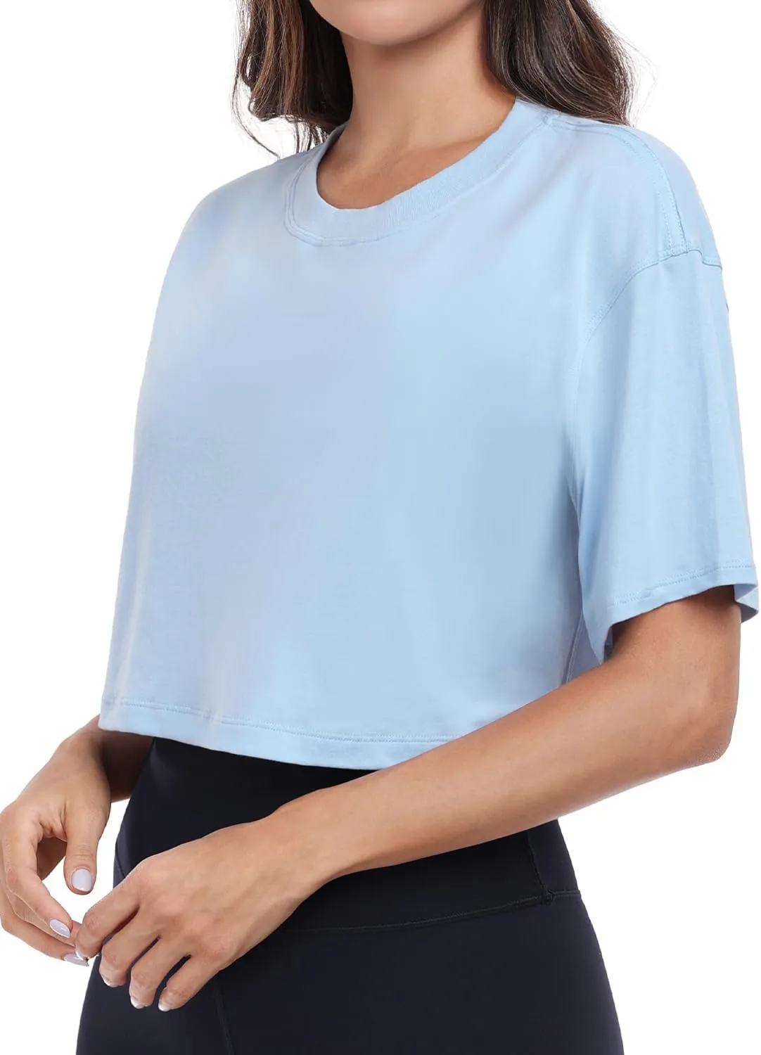 HeyNuts Pima Cotton Short Sleeve Workout Cropped Tops for Women Crew Neck Casual Basic Athletic Crop T-Shirt