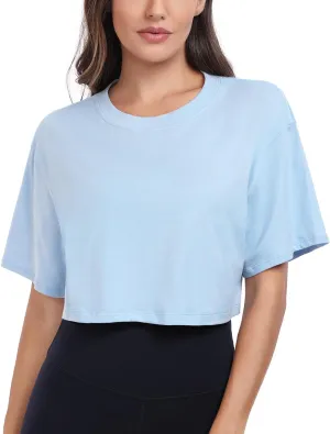 HeyNuts Pima Cotton Short Sleeve Workout Cropped Tops for Women Crew Neck Casual Basic Athletic Crop T-Shirt