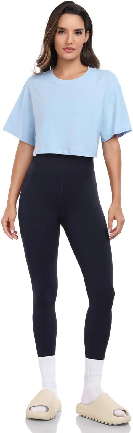 HeyNuts Pima Cotton Short Sleeve Workout Cropped Tops for Women Crew Neck Casual Basic Athletic Crop T-Shirt
