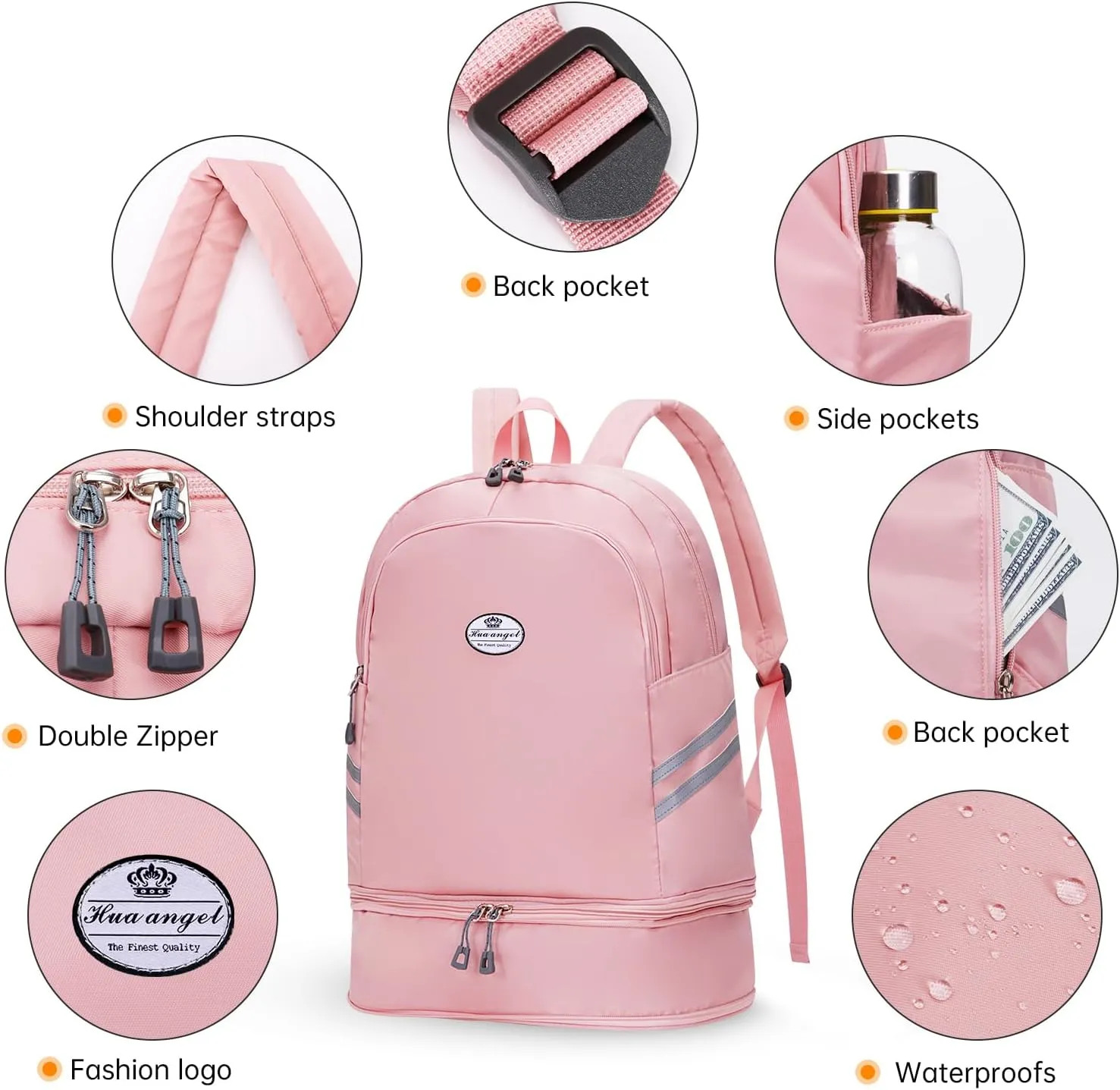 HUA ANGEL Waterproof Carry on Backpack for Men & Women Lightweight Laptop Travel Backpack with Shoe Compartment for Sports